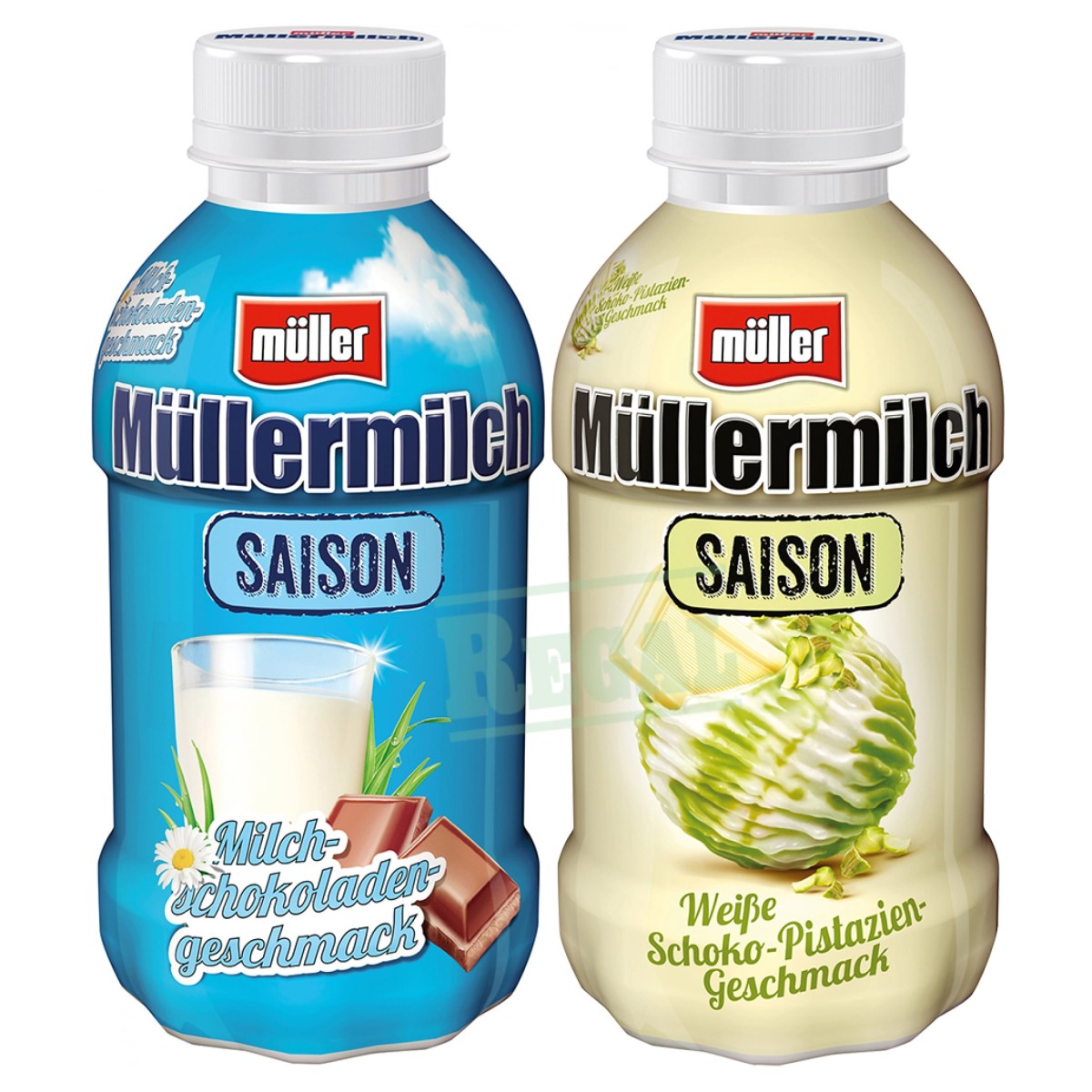 Müllermilch Saison Milchschokolade Schoko Weiße und Pistazie REGAL →